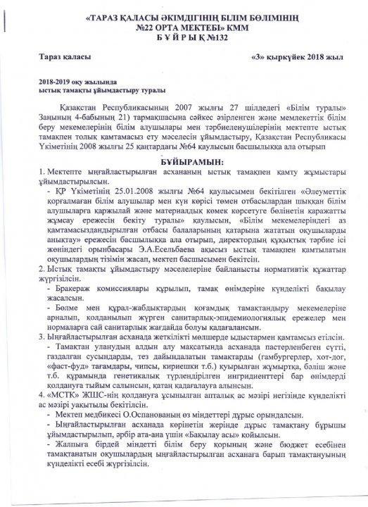 2018-2019 оқу жылында ыстық тамақты ұйымдастыру туралы