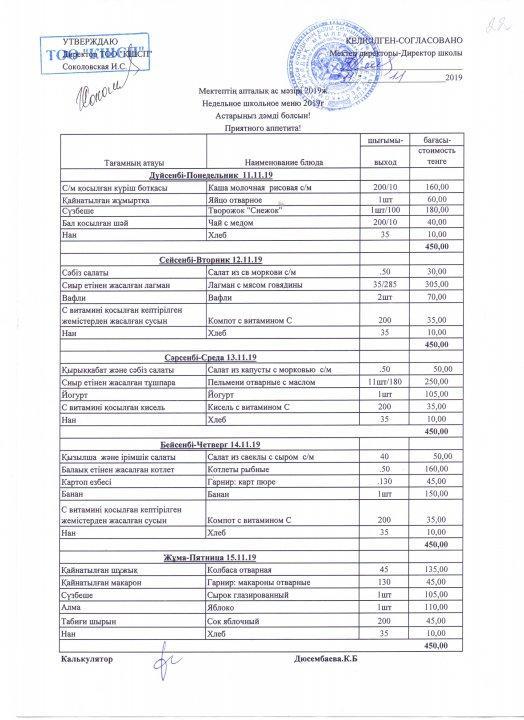 Меню с 11-15 ноября 2019 года