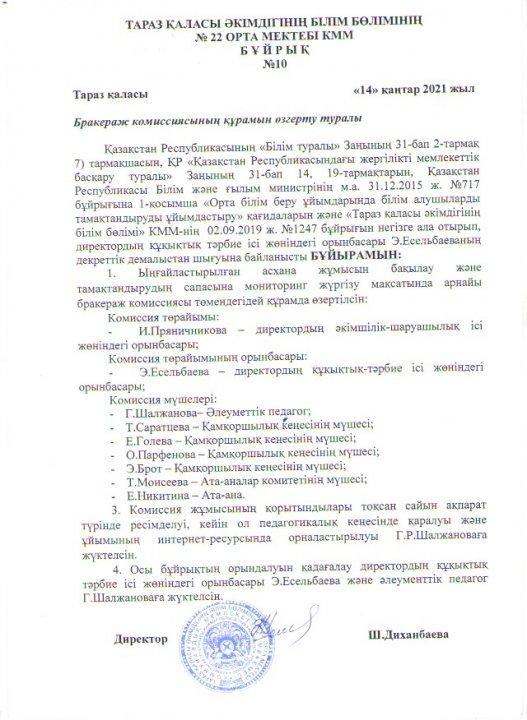 Бракераж комиссиясының кұрамын өзгерту туралу/ Приказ об изменении состава бракеражной комиссии