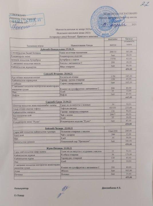 Меню горячего питания в буфете с 19 по 23 апреля.