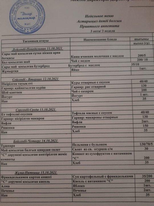 Меню с 11-15 октября 2021 года