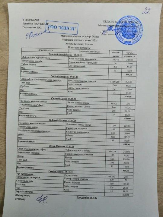 Меню с 8-13 ноября 2021 года