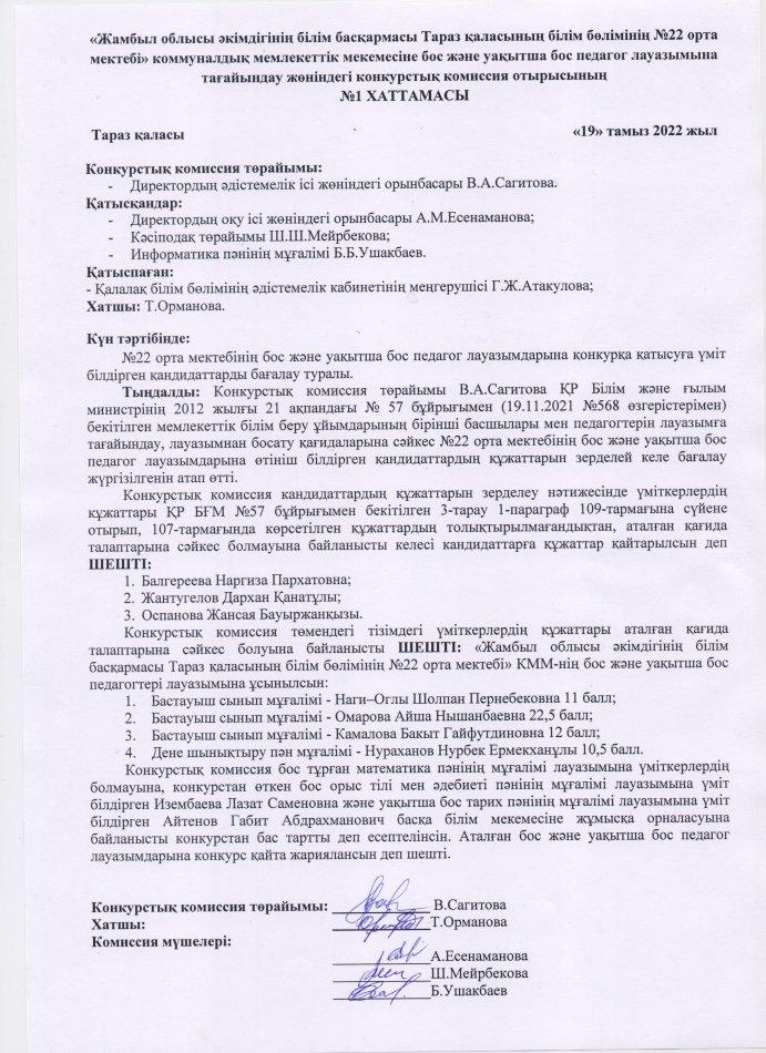 «Жамбыл облысы әкімдігінің білім басқармасы Тараз қаласының білім бөлімінің №22 орта мектебі» КММ-сінің бос және уақытша бос жұмыс орындарына жарияланған конкурс нәтижесі.
