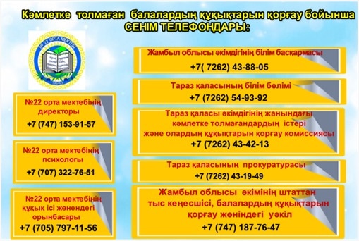 Кәмлетке  толмаған  балалардың құқықтарын қорғау бойынша  СЕНІМ ТЕЛЕФОНДАРЫ: